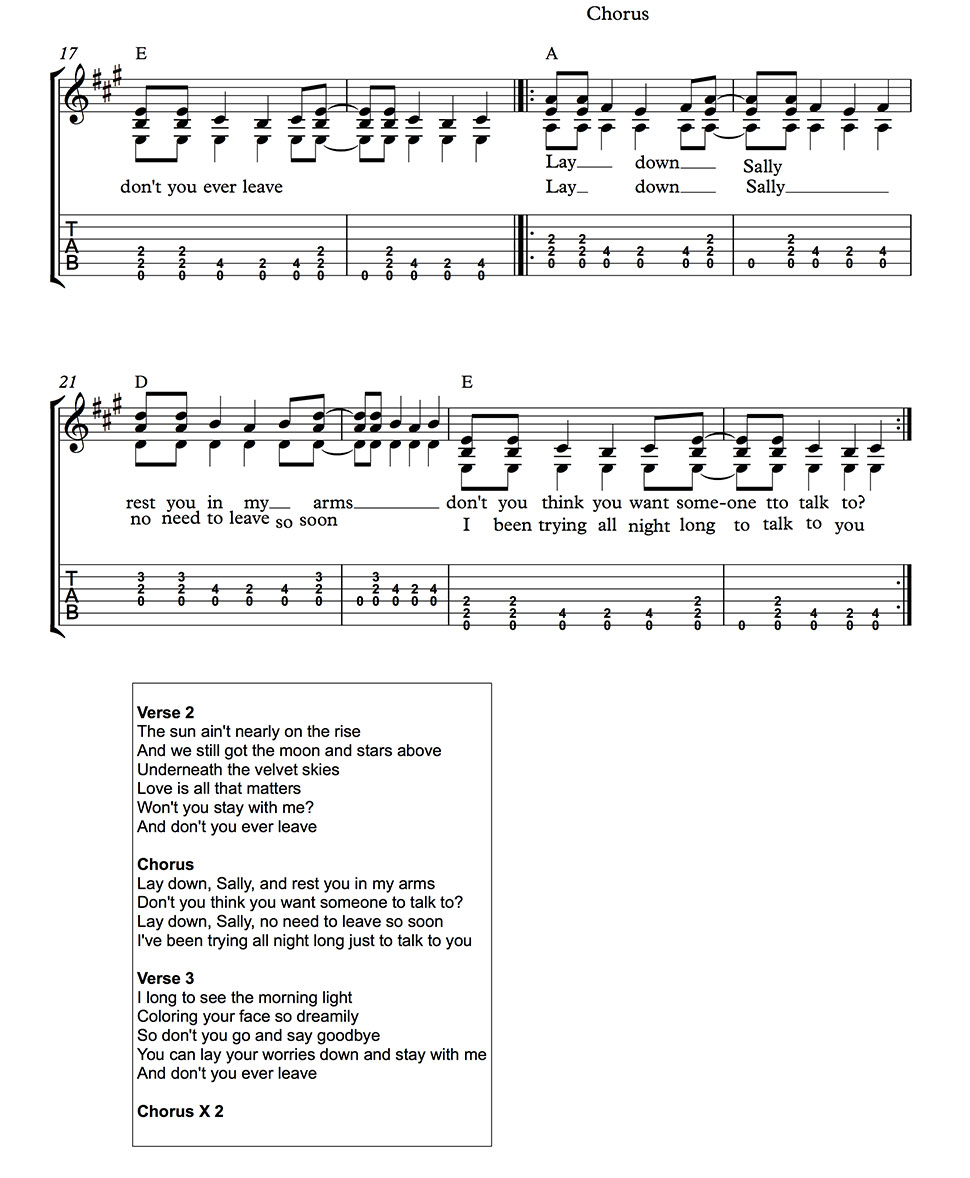 Lay Down Sally - Eric Clapton guitar tab & lyrics