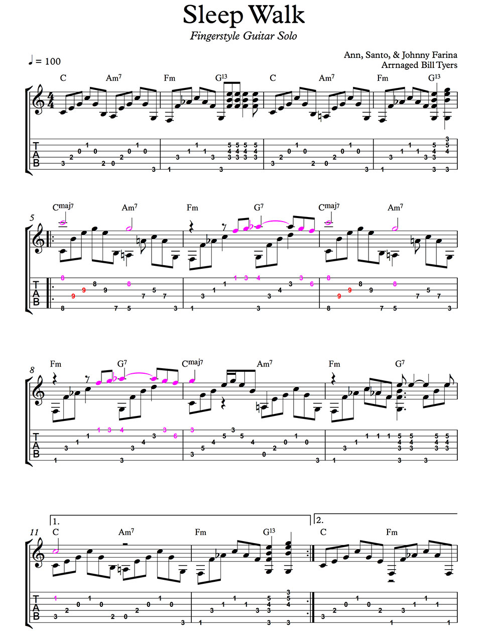 Sleepwalk Chord Chart