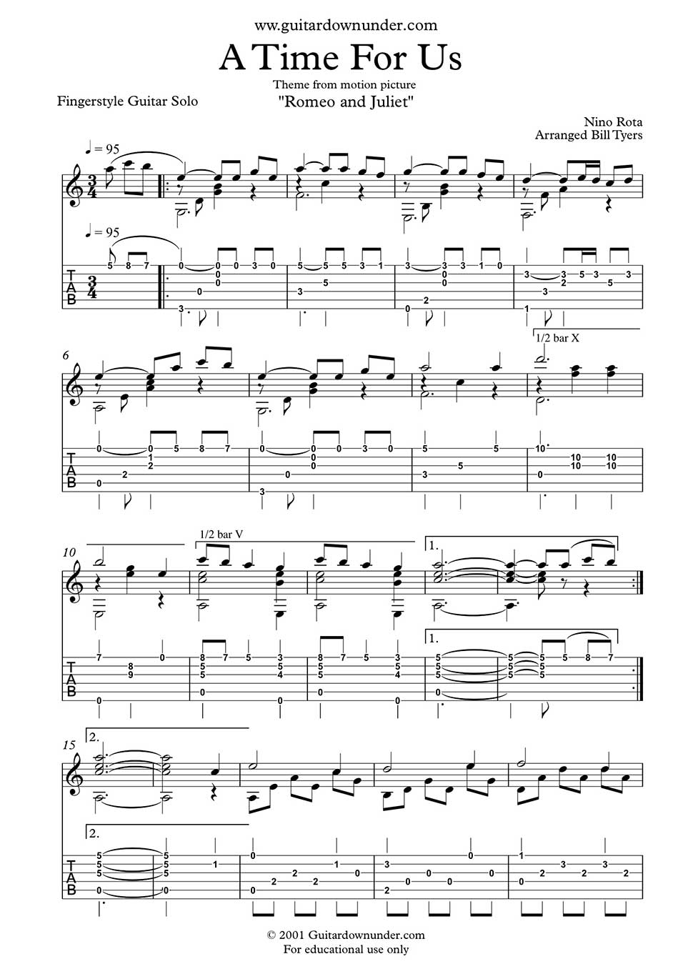A Time For Us Arranged For Fingerstyle Guitar By Bill Tyers