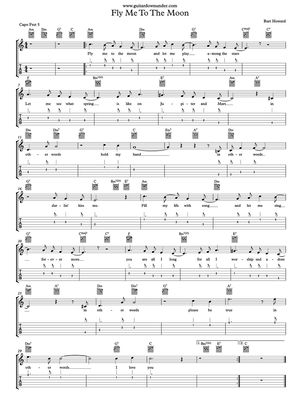 Resten Tilsvarende Imperialisme Fly Me To The Moon - Frank Sinatra - guitar chords including words and  melody line and guitar tab.